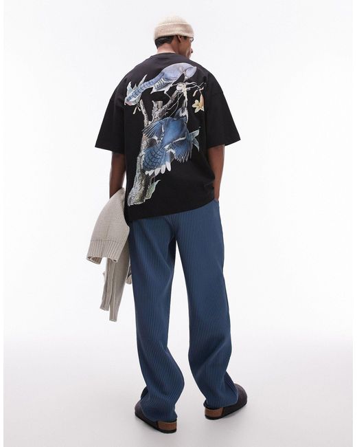 T-shirt super oversize nera con stampa di passeri sul davanti e sul retro di Topman in Blue da Uomo