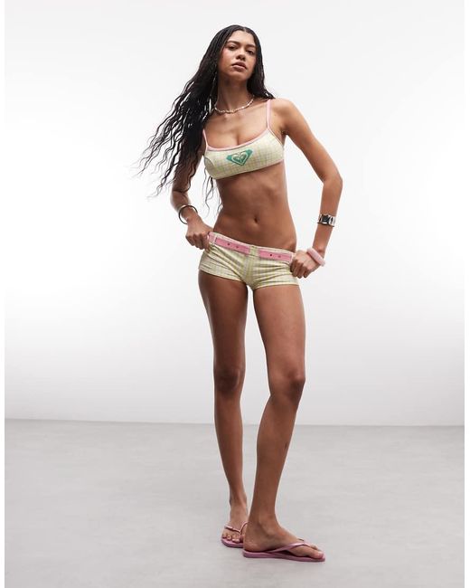Roxy Multicolor Check Print Bikini Short With Pink Belt
