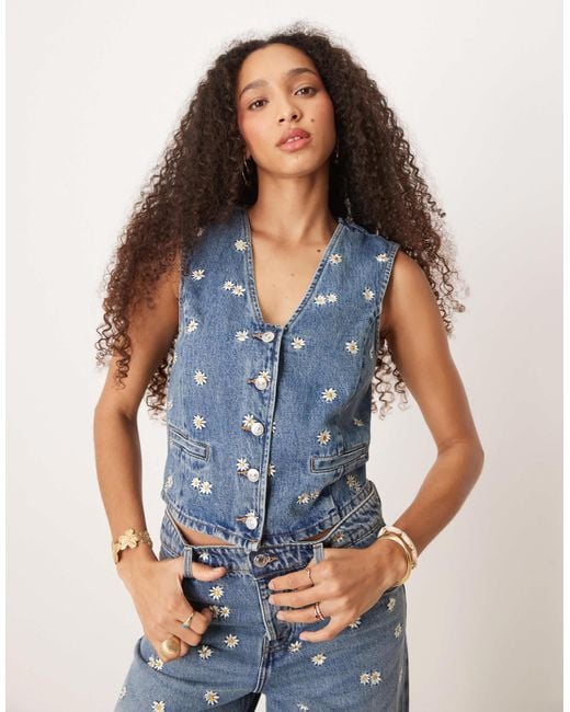 Mango Blue Daisy Embroidered Denim Waistcoat Co-ord