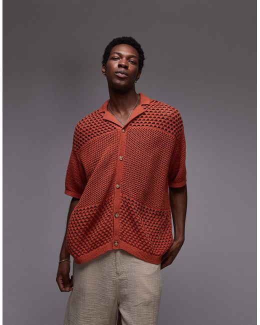 Topman Red Open Knit Pattern Polo for men