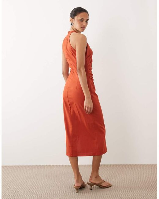 Mango Orange Halter Neck Sleeveless Dress With Drape Detail