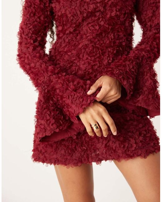 Amy Lynn Red Textu Bell Sleeve High Neck Mini Dress