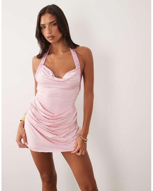 Oh Polly Pink Embellished Halter Neck Drape Skirt Mini Dress