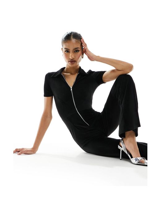 Fashionkilla Black Stretch Cord Zip Through Tie Back Jumpsuit