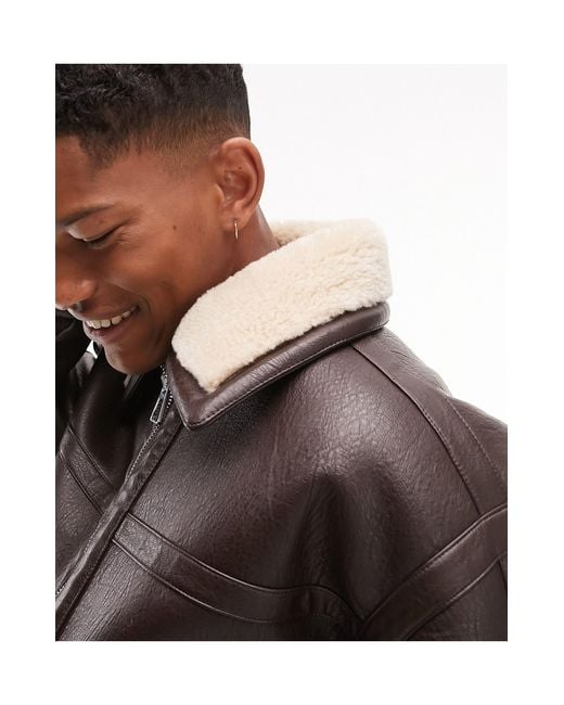 Topman Natural Faux Leather Shearling Aviator for men