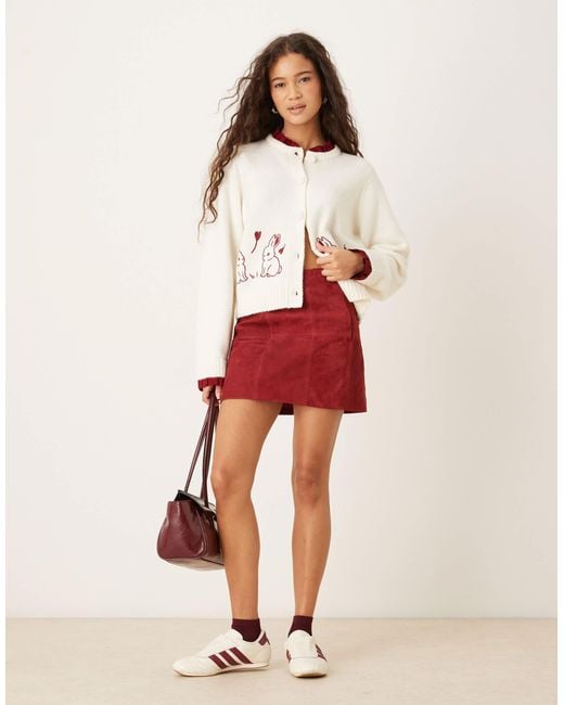 Neon Rose Red Bunny Detailed Cardigan