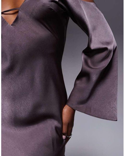 ASOS Purple Satin Long Sleeve Fallen Shoulder Cami Maxi Dress