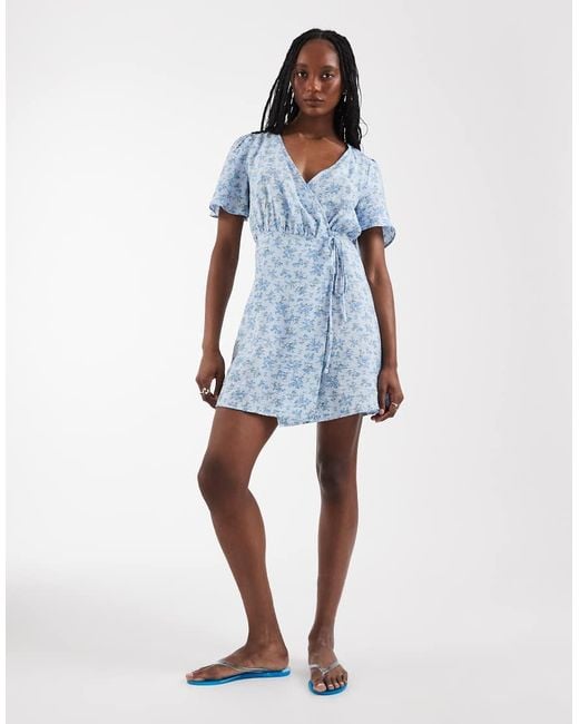 Vero Moda Blue Flutter Sleeve Wrap Front Mini Dress