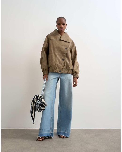 TOPSHOP Brown Faux Leather Asymmetric Oversized Bomber With Funnel Neck
