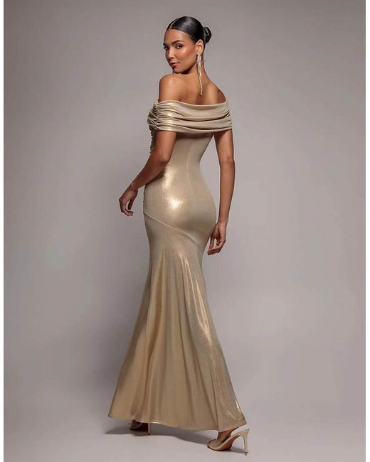 Goddiva Brown Foil Pleated One Shoulder Bardot Fit And Flare Maxi Dress