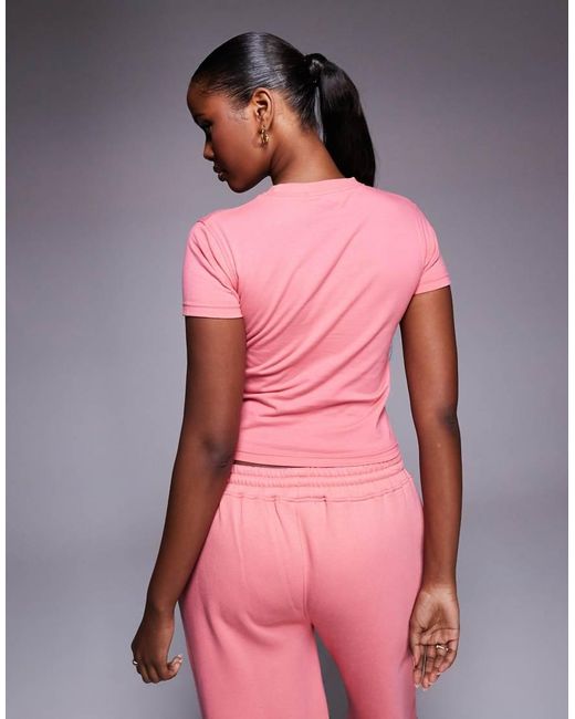 Kaiia Pink Embroidered Bow Logo Crew Neck Short Sleeve Crop Top