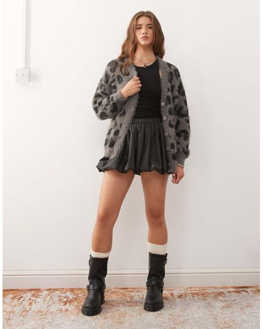 Noisy May Gray Brushed Knit Leopard Cardigan