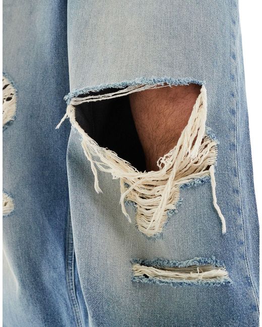 Bershka Blue Washed Distressed Denim baggy Jeans for men