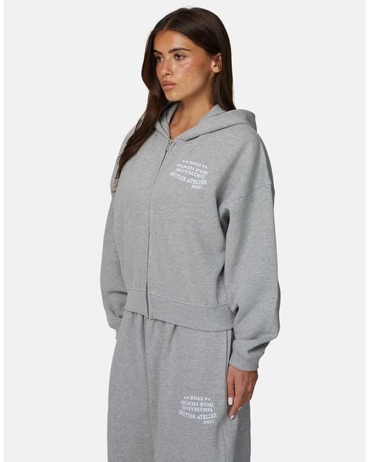 Good For Nothing Gray Baggy Zip Hoodie With Embroidered Logo