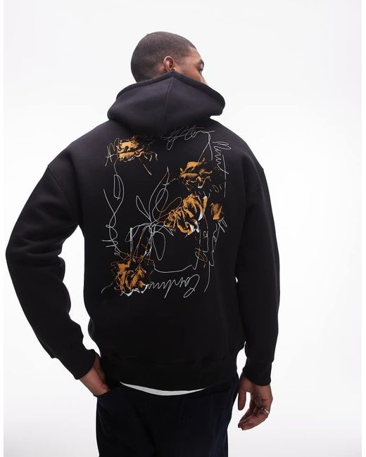 Sudadera Negra Extragrande Con Capucha Y Estampado De Rosas Dibujadas En La Parte Delantera Y Trasera De Topman de hombre de color Black