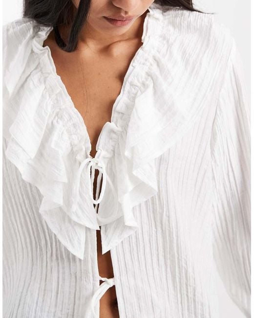 Vero Moda Blue Tie Front Frill Neck Boho Blouse
