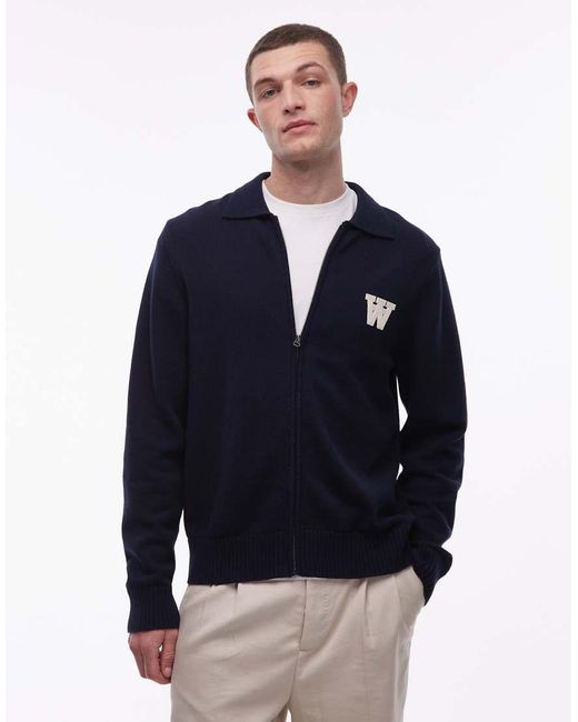 DOUBLE A by WOOD WOOD Blue 100% Cotton Logo Zip Up Collar Cardigan for men