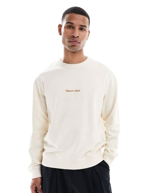 Jack & Jones White Oversize Sweat Shirt With Embroidered Logo for men
