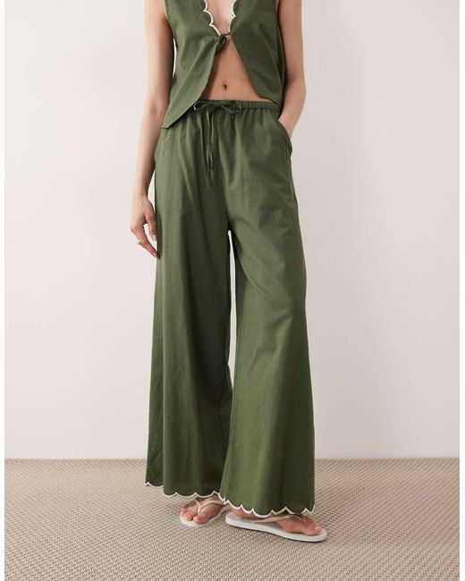esmé studios Green Tie Front Beach Pants With Cream Scallop Trim