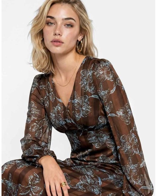 Lovedrobe Brown Floral Print Burnout Satin Stripe Midaxi Dress