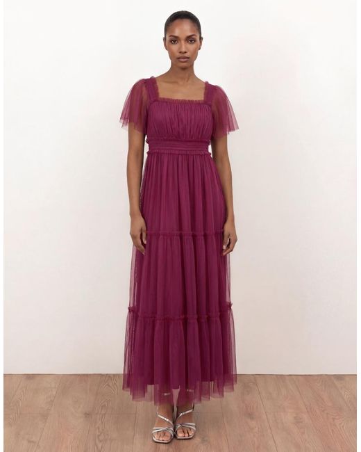 ANAYA Pink Square Neck Short Sleeve Tulle Midaxi Dress