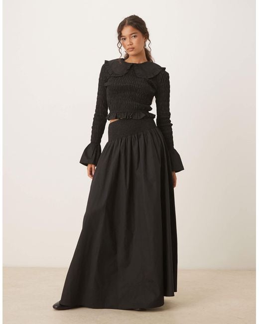 Glamorous Black Drop Waist Shirred Maxi Skirt