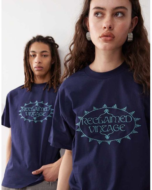 Reclaimed (vintage) Uniseks Oversized T-Shirt Met Borduursel in het Blue