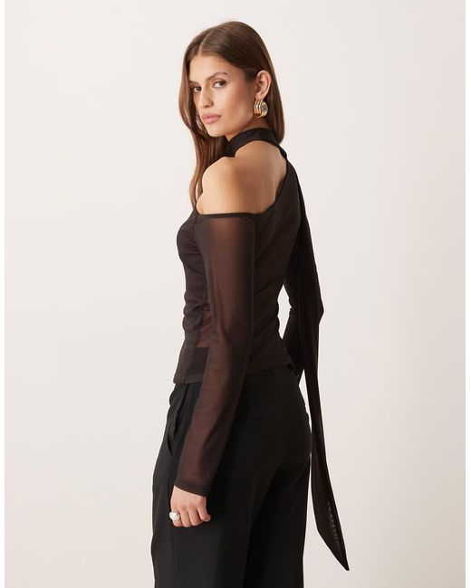 ASOS Black Asymmetric Mesh Top With Scarf Detail