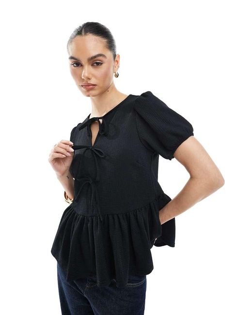New Look Blue Tie Front Peplum Top