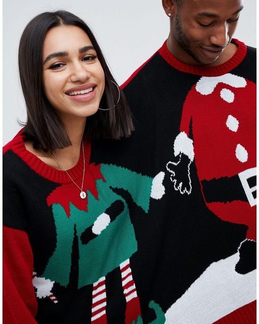 Eslcusiva exclusive - Maglione natalizio multicolore per due persone con  Babbo Natale ed elfo di Boohoo in Rosso | Lyst