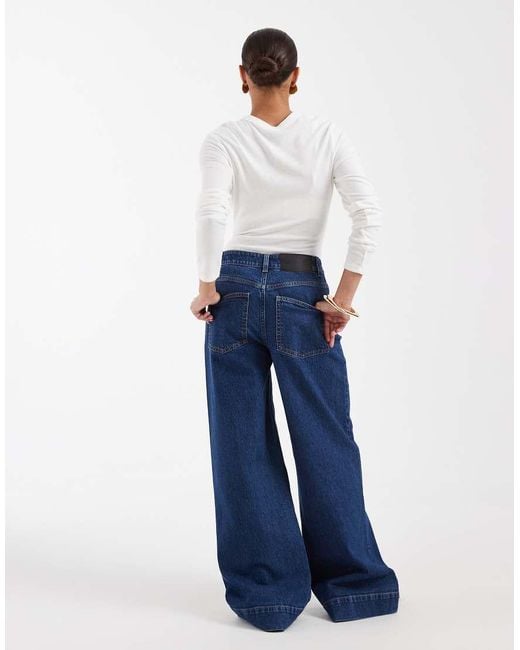 ASOS Blue Asos Design Petite High Waist Wide Leg Jeans With Front Pockets