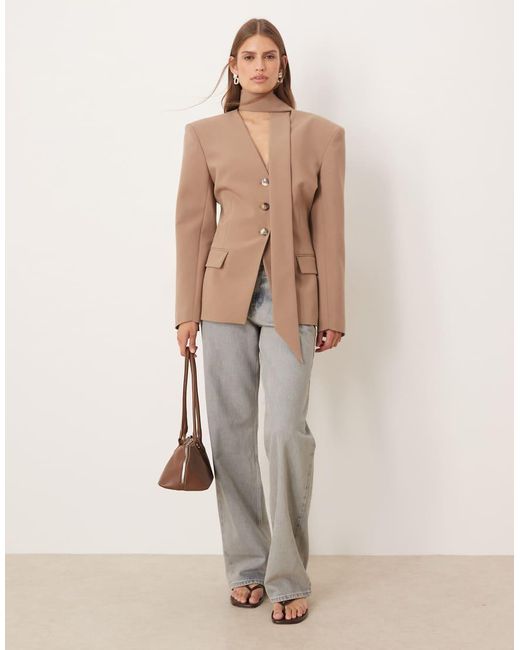 ASOS Natural Cinch Shoulder Pad Blazer With Scarf Co Ord