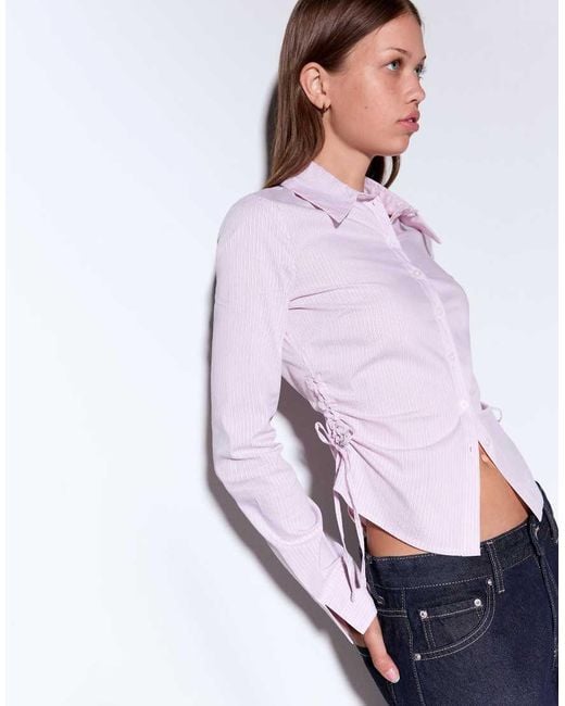 Bershka Pink Fitted Shirt With Gathered Side