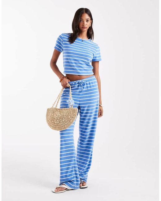 4th & Reckless Gestreept T-Shirt Van Co-Ord Set Van Badstof Met Geborduurd Logo in het Blue