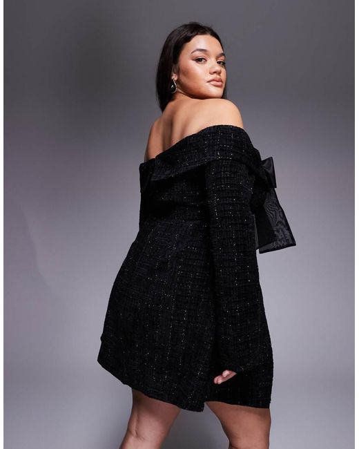 ASOS Black Curve Boucle Bardot Mini Dress With Pleated Skirt And Bow