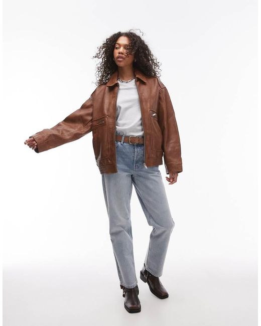 TOPSHOP Brown Premium Real Leather Oversized Bomber Jacket