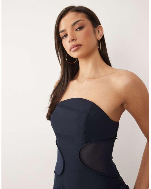 ASOS Blue Curved Neckline Sheer Paneled Midaxi Dress With Volume Structured Skirt