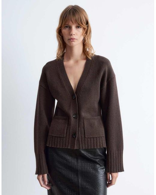 & Other Stories Brown Wool Blend Cardigan With Cinched Waist And Volume Sleeves