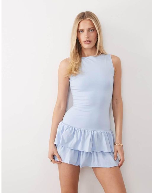 Fashionkilla Blue Exclusive Cotton Rich Sleeveless Drop Waist Ruffle Hem Mini Dress