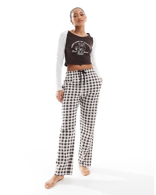 Brave Soul White Cropped Long Sleeve T-shirt And Wide Leg Check Pants Lounge Set