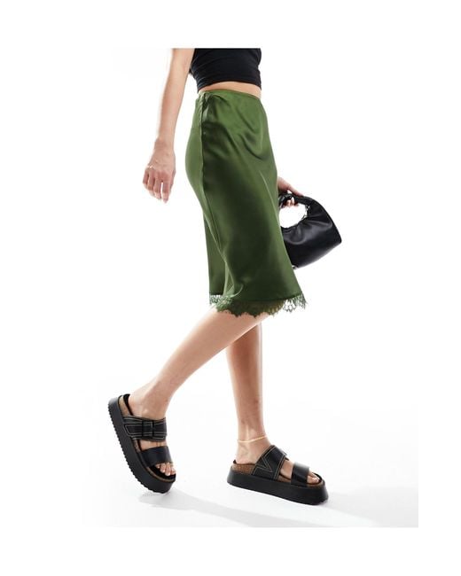 ASOS Green Satin Midi Skirt With Lace Trim