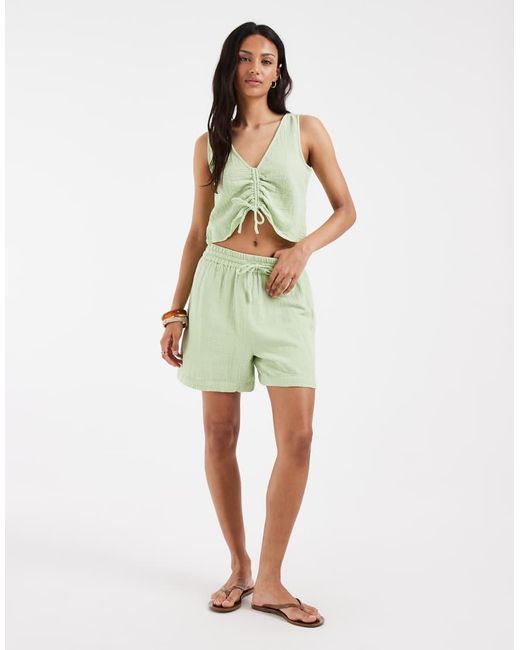 Pieces Green Crinkle Cotton High Waisted Shorts Co-ord