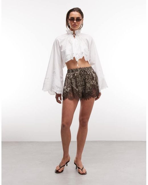 Noughts & Kisses White Flared Sleeve Scalloped Lace Hem Tie Detail Cropped Shirt