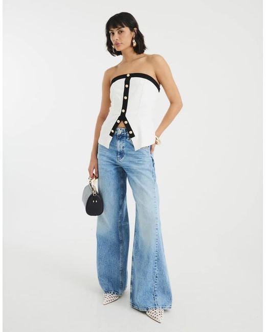 River Island Blue Bandeau Monochrome Button Top