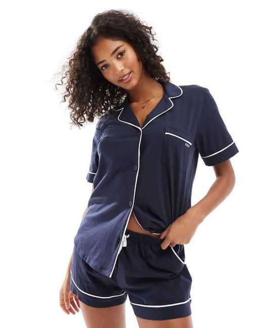 DKNY Blue Signature Short Sleeve Notch Collar Boxer Set