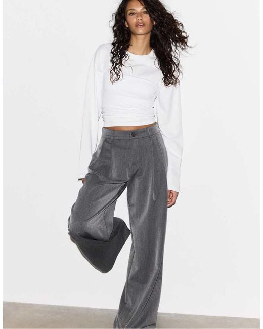 Stradivarius White Long Sleeve Gathered T-Shirt
