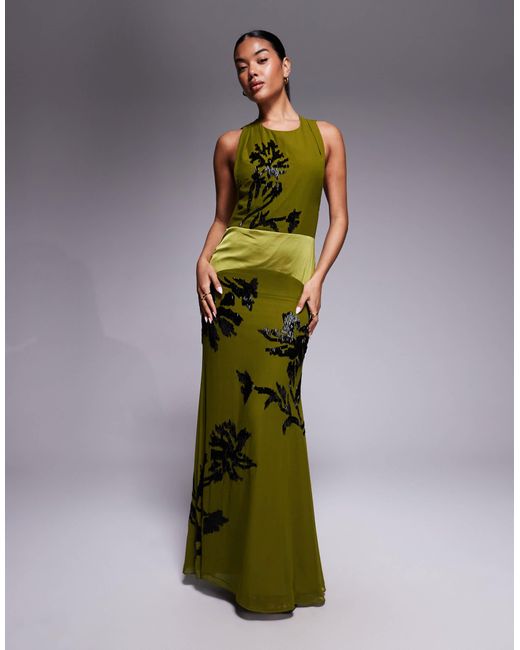 ASOS Shadow Floral Embellished Satin Panel Maxi Dress in Green | Lyst