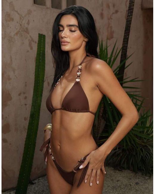 Moda Minx Brown X Zoe Servini Triangle Bikini Top With Bead Detail