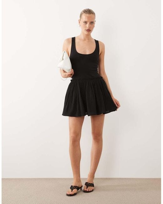 ASOS Black Dropped Waist Mini Dress With Crinkle Cotton Skirt