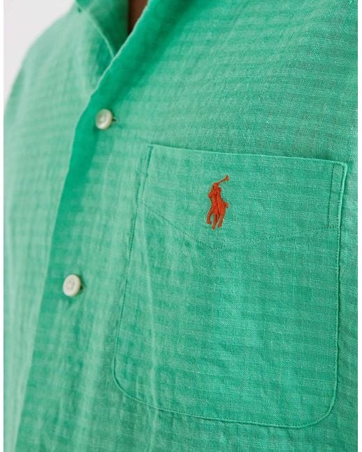 Polo Ralph Lauren Green Icon Logo Short Sleeve Seersucker Linen Look Shirt for men